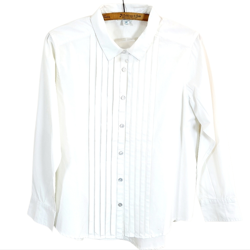 NWOT SUNDANCE Tessa Tuxedo Pleated Button Down Shirt Off White Medium Petite - Picture 2 of 8